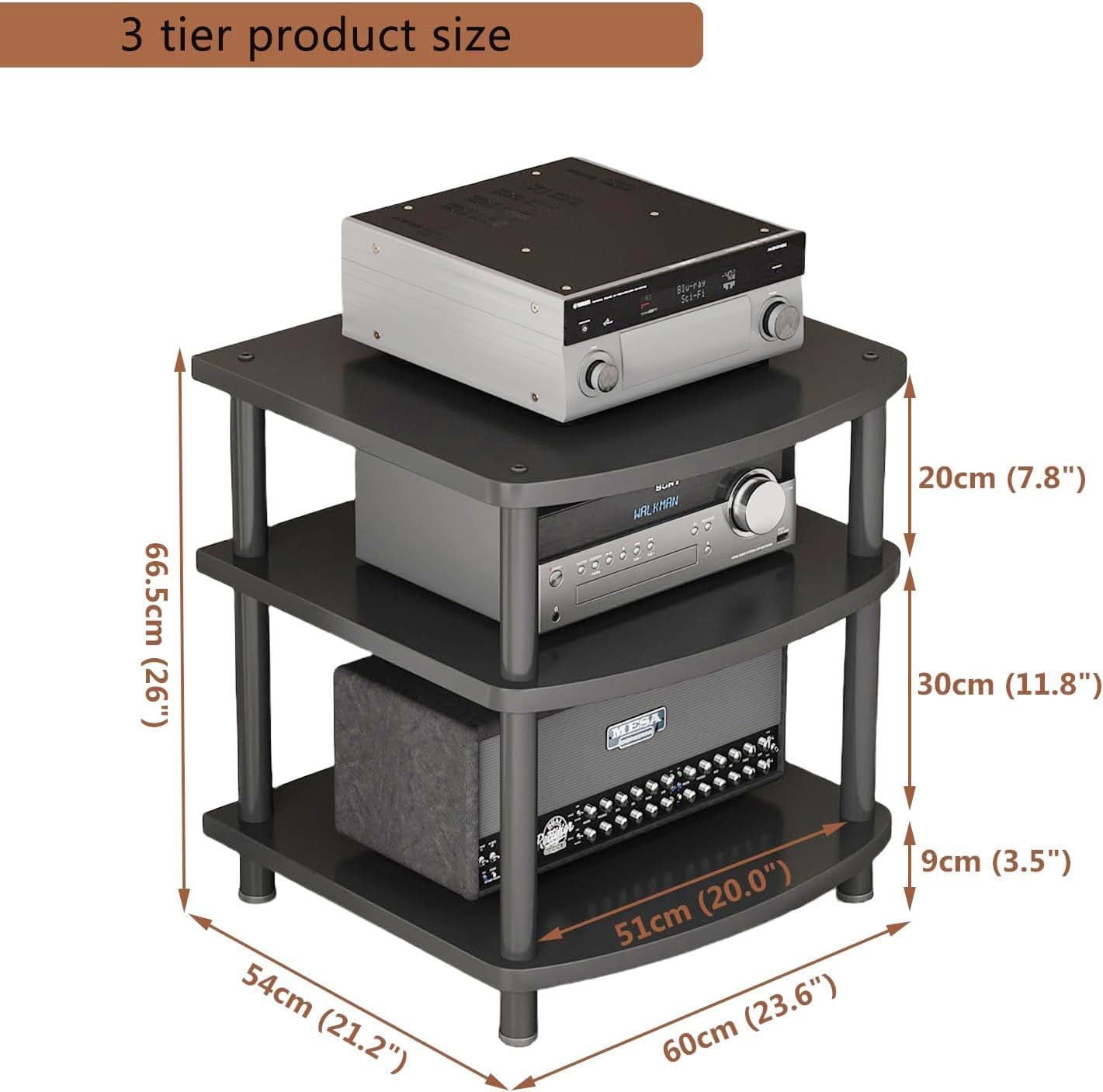 3 Tier AV Media Stand, Audio Rack Tower Adjustable Height, TV Game Console Equipment Shelf, CD Record Player Stereo Component Rack Cabinet for Home Theater Studio (Black)
