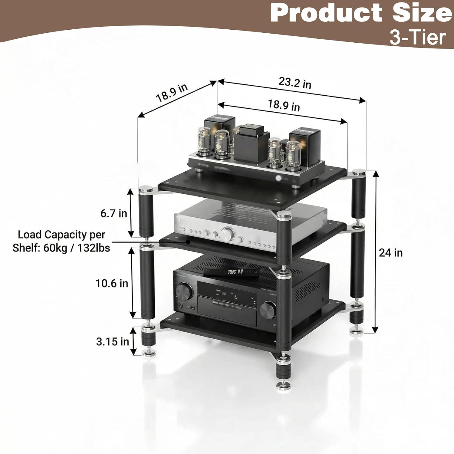 3-Tier AV Media Stand, Heavy Duty Audio Rack with Shock-Absorbing Foot pegs, Open Design av Stand, Multi-Layer Stereo Equipment Rack for Home, Office, Theater (Walnut, 3-Tiers)