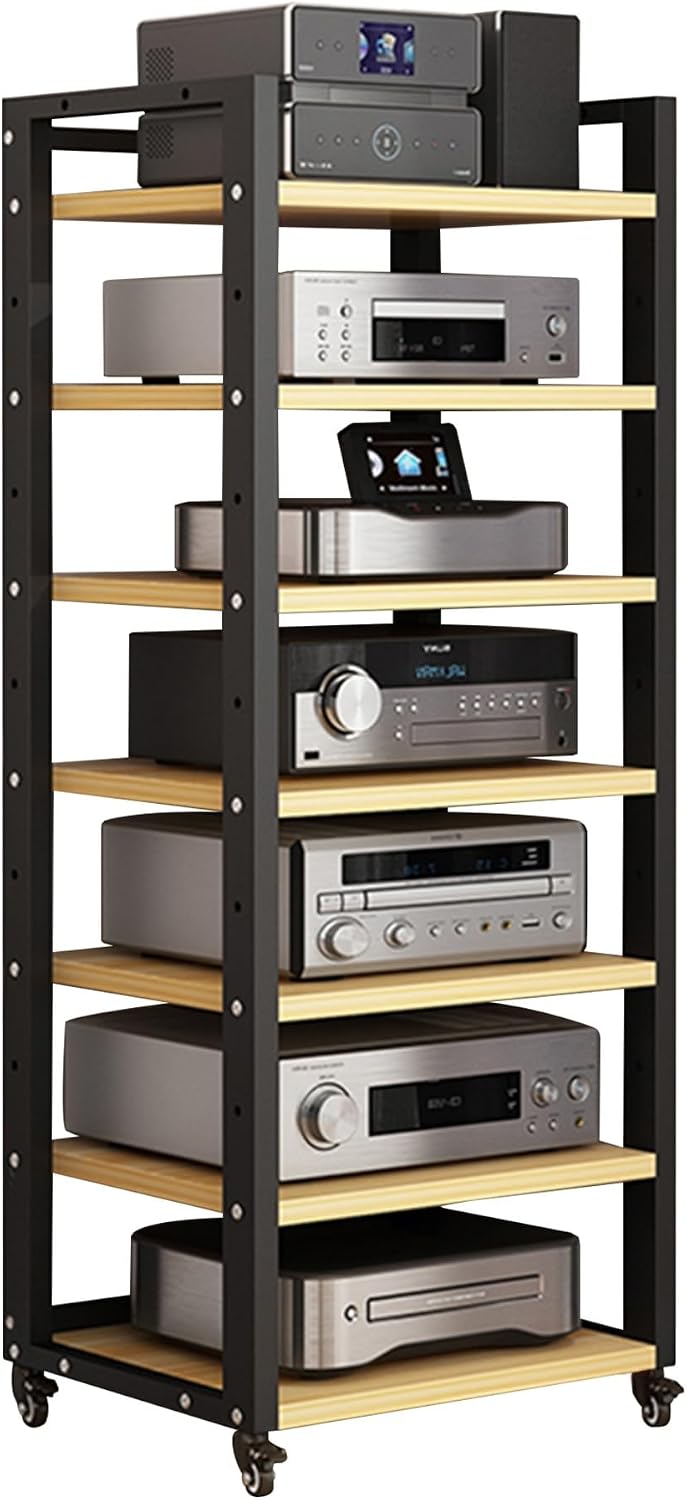 Modern Media Storage Cabinet - Adjustable Audio Rack & Stereo AV Stand with 5/6/7 Shelves for Video Game Console, Home Theater & Office Organization (Wood Finish)