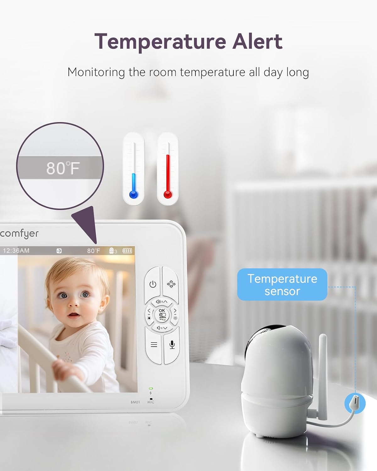 Comfyer BM01 7' HD Split-Screen Baby Monitor with 2 1080P Cameras, 48 Hrs 6000mAh Battery Runs 2 Days in VOX Mode, No WiFi Monitor with a Flexible Bracket, 2 Way Audio, Remote PTZ, Auto Night Vision