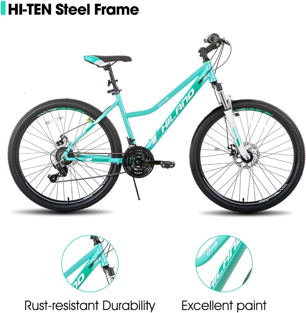 Hiland 26 Inch Womens Mountain Bike, with Step-Through Frame, 21 Speeds, Suspension Fork MTB, Bicycle for Women Men Adult