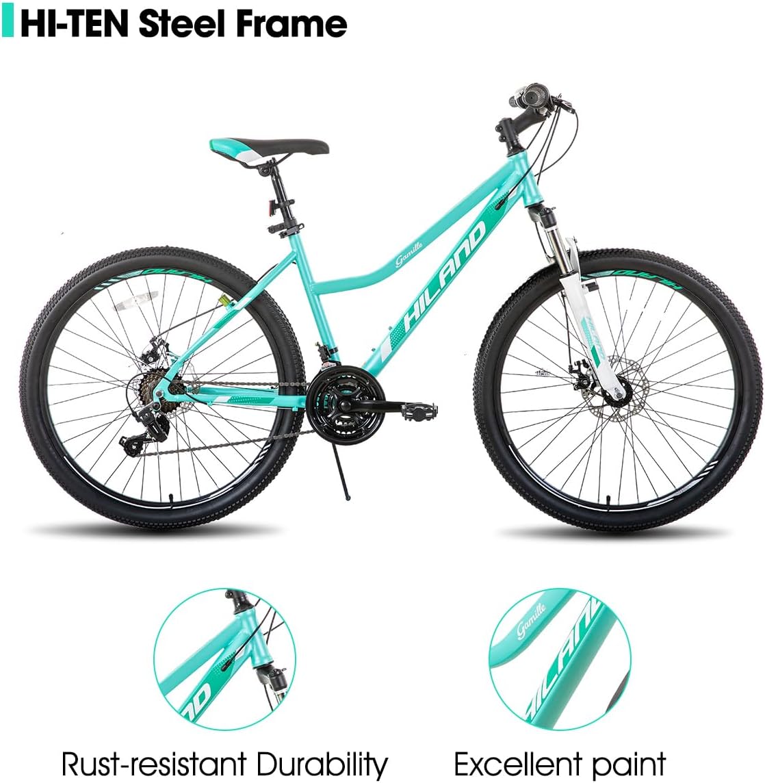 Hiland 26 Inch Womens Mountain Bike, with Step-Through Frame, 21 Speeds, Suspension Fork MTB, Bicycle for Women Men Adult