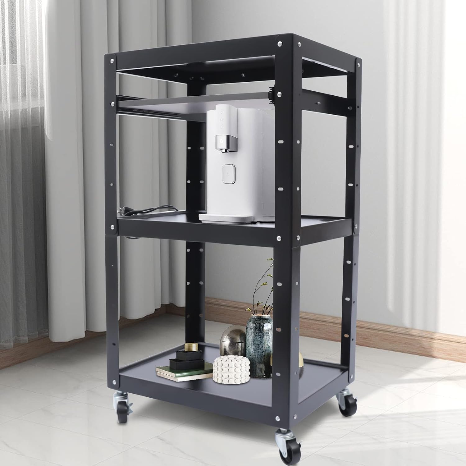 Large AV Cart, 24 * 18 * 42In 66Lbs Load Cold Rolled Steel AV Carts Rectangular AV Car Large Capacity Audio Visual Carts w/3 Shelves&2 Keyboard Lay Brackets for Classrooms Offices Computer Rooms