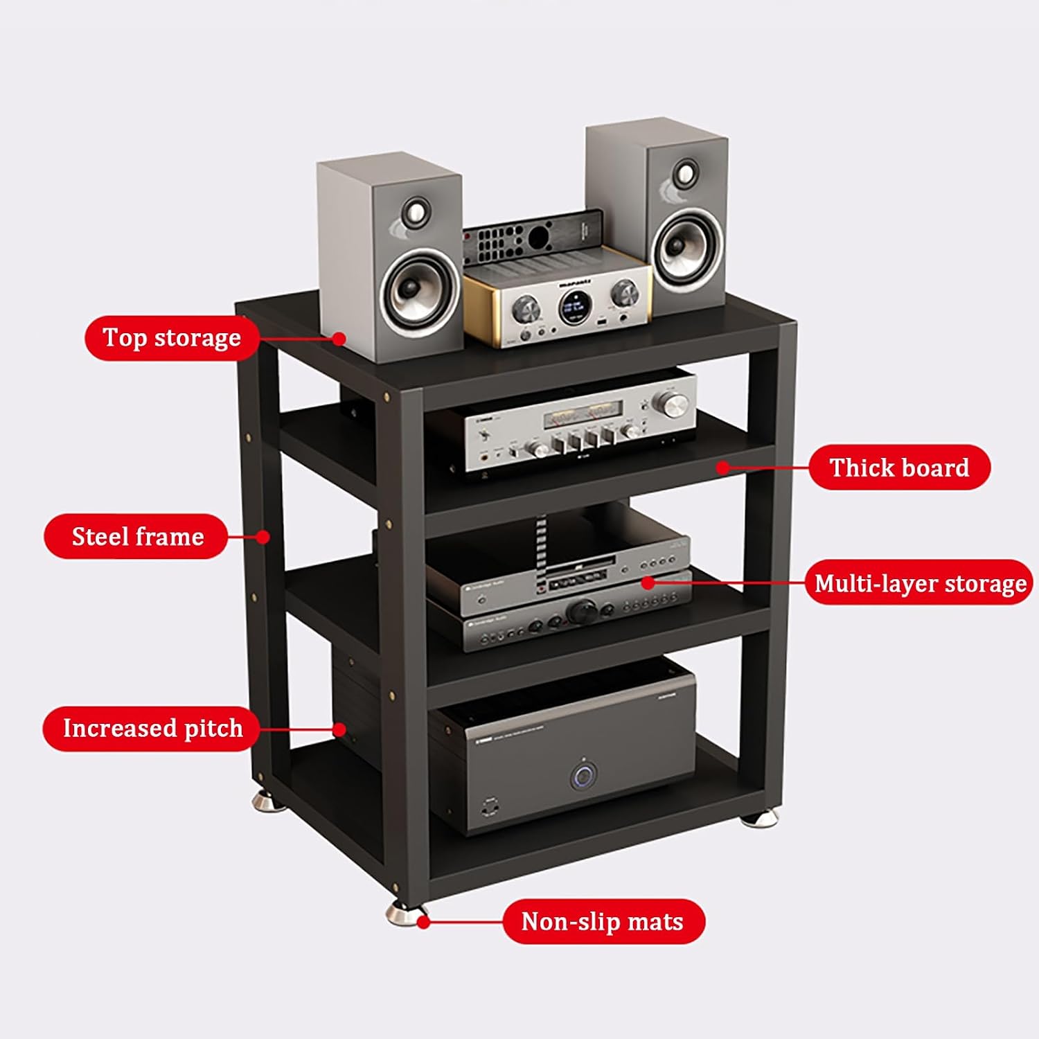 Modern Audio Rack - Black AV Media Stand with 3 Tiers, Spacious Storage Shelf for Stereo Equipment, Sturdy Steel Frame, Foot Pads, 40x35x35.5CM - Stylish Media Storage Solution