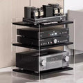 Modern Media Storage Cabinet with Adjustable 3-Tier Shelves for Audio/Video Equipment, Stylish AV Stand for Record Player & Stereo Components (Acrylic & Black)