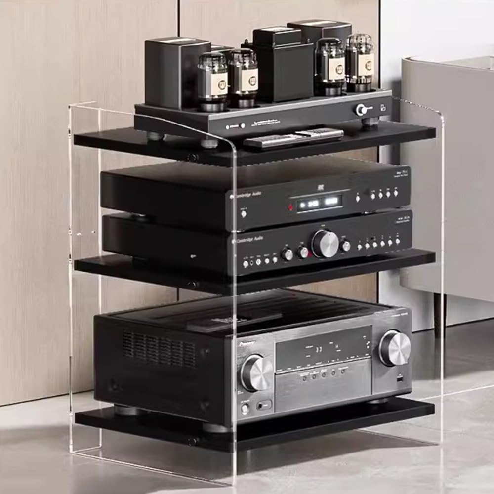 Modern Media Storage Cabinet with Adjustable 3-Tier Shelves for Audio/Video Equipment, Stylish AV Stand for Record Player & Stereo Components (Acrylic & Black)