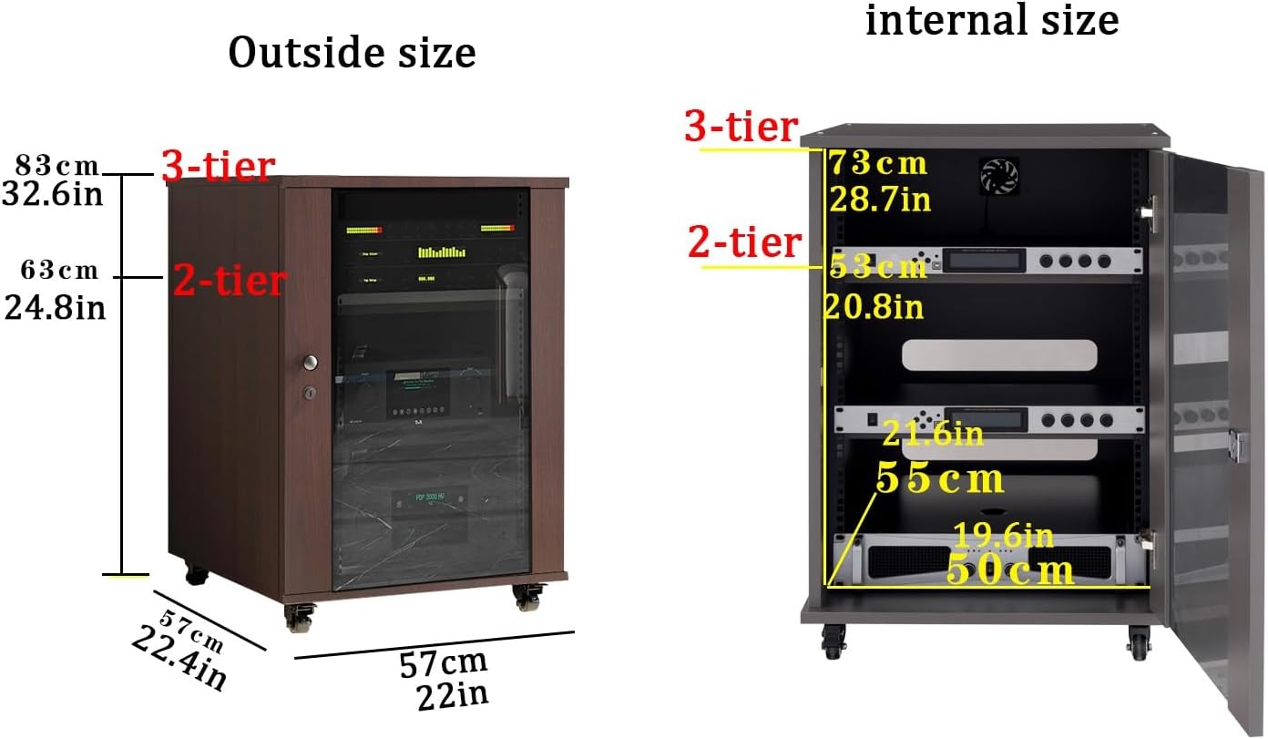 AV Stereo Cabinet with Adjustable Shelves, Movable Media Storage Stand, Audio Rack for TV & Electronics, Gray Glass Door Design (56x57x63cm)
