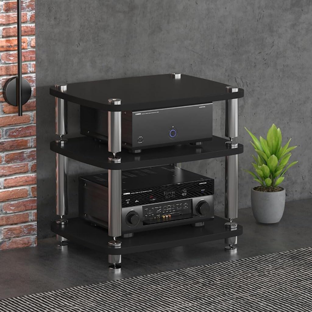 1/2/3/4-layer HiFi Audio Cabinet HiFi Stand Record Player MDF Stand Audio Rack with Shock-Absorbing Feet Power Amplifier Shelf Equipment Cabinet (Color : Black, Size : 60 * 48 * 57cm(3Tier))