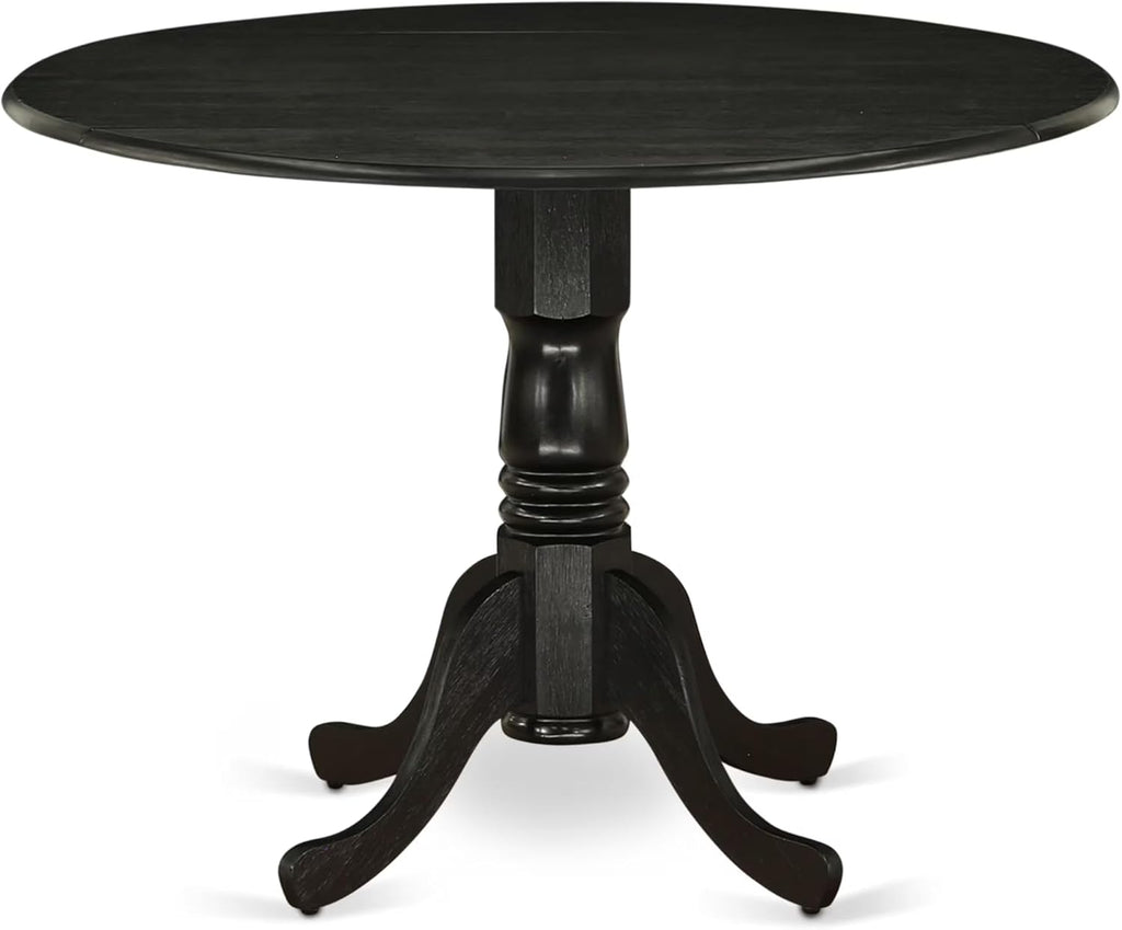 East West Furniture DLSI3-ABK-21 3 Piece Modern Dining Table Set Contains a Round Wooden Table with Dropleaf and 2 Blue Linen Fabric Upholstered Parson Chairs, 42x42 Inch, Wirebrushed Black