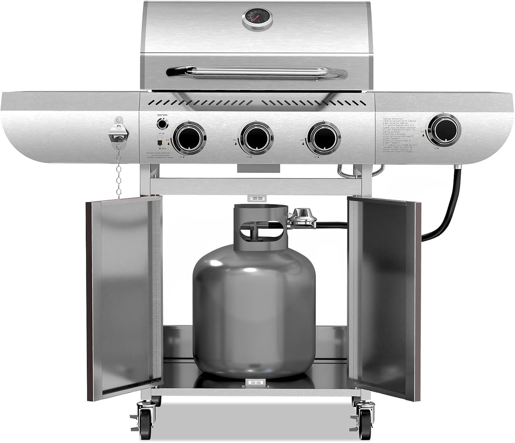 R.W.FLAME 3-Burner Propane Gas Grill With Sider Burner, 34,000BTU Stainless Steel BBQ Grill, Cast Iron Grates&Pullout Oil Drip Tray, Barbecue Grill with Casters for Outdoor Backyard&Patio