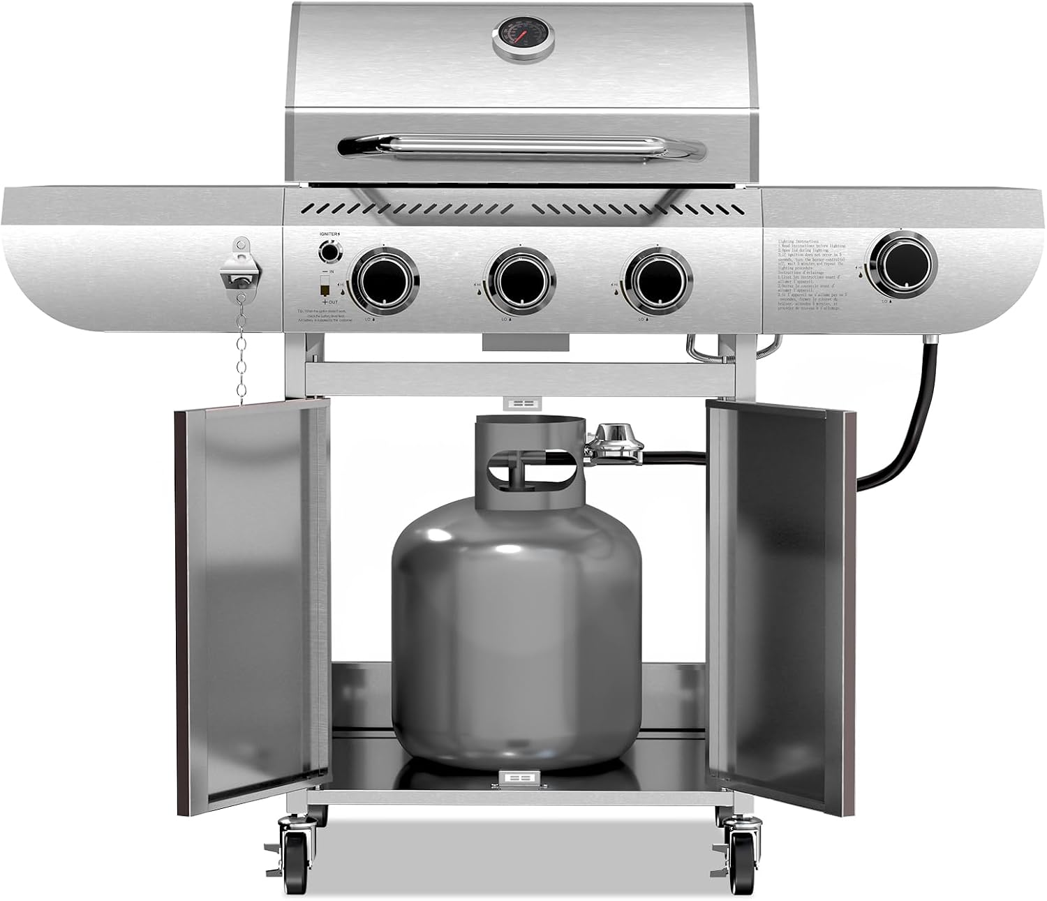 R.W.FLAME 3-Burner Propane Gas Grill With Sider Burner, 34,000BTU Stainless Steel BBQ Grill, Cast Iron Grates&Pullout Oil Drip Tray, Barbecue Grill with Casters for Outdoor Backyard&Patio