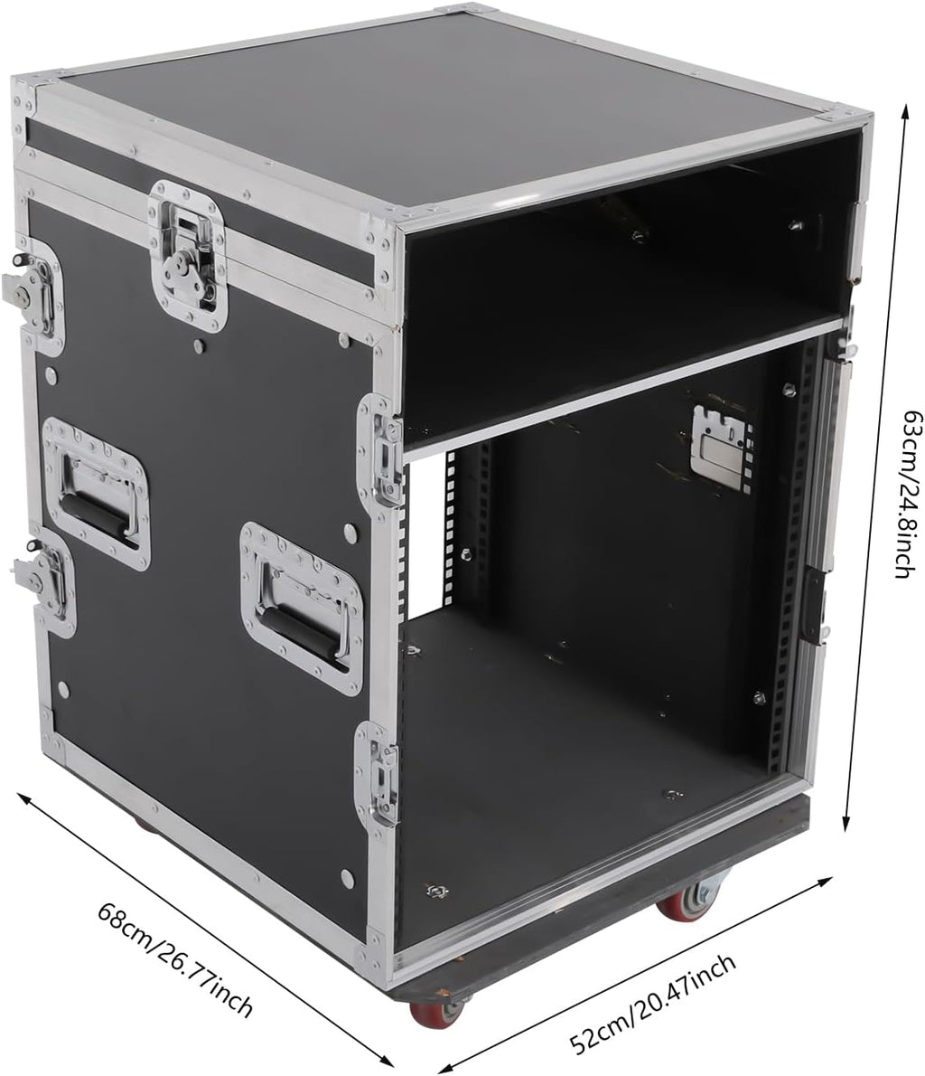 14U PA DJ Rack/Road ATA Case, Network & Stereo Rack with Slant Mixer Tops, Heavy-Duty DJ Work Table Rolling Studio Equipment Cabinet, Amplifier Mixer Storage Stand for Pro Tour Grade, Live Sound