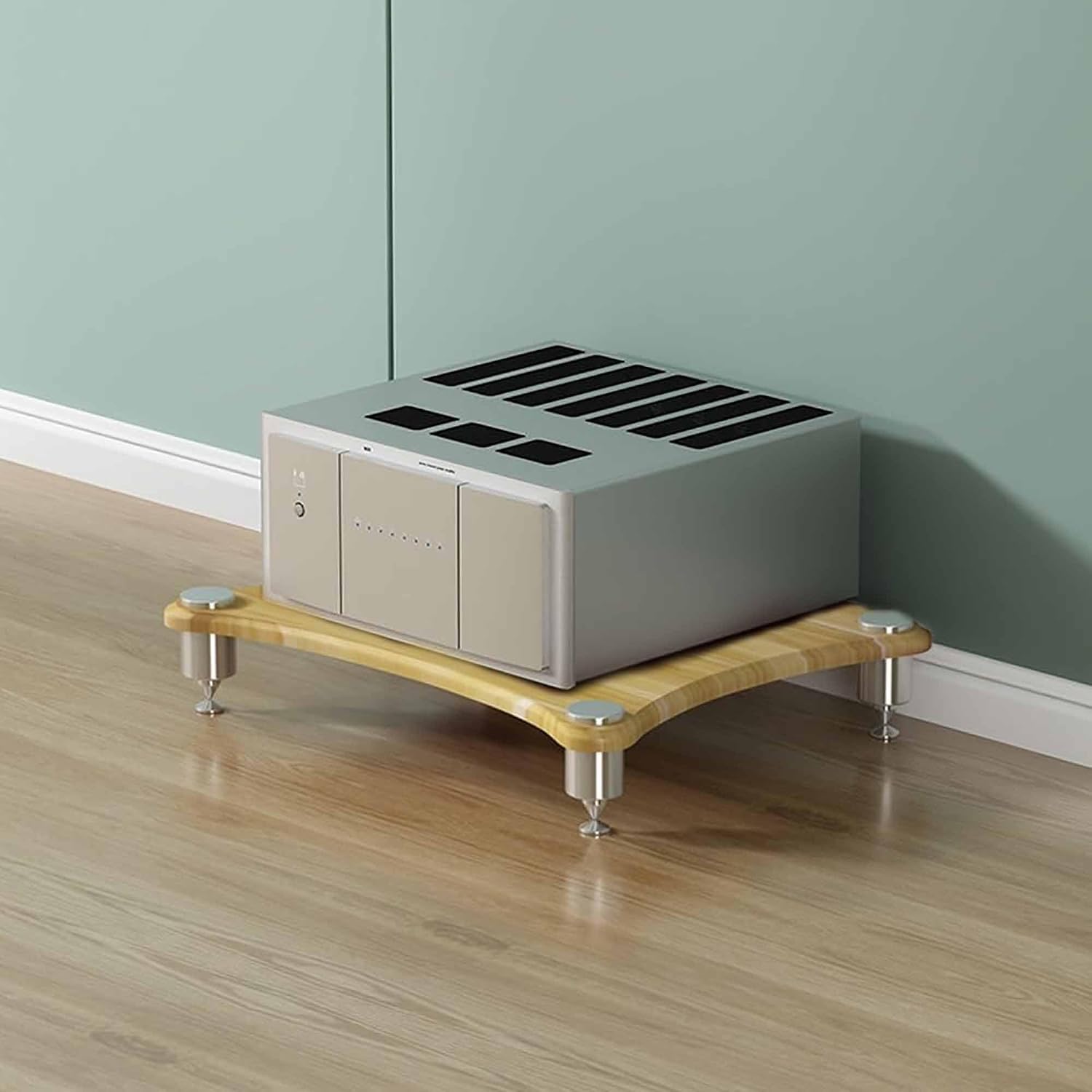 Pomelo Wood AV Media Stand - Audio Component Rack & Amplifier Shelf - Wooden Stereo Cabinet & Entertainment Tower - Small Audio-Video Shelving (60x48x10cm)