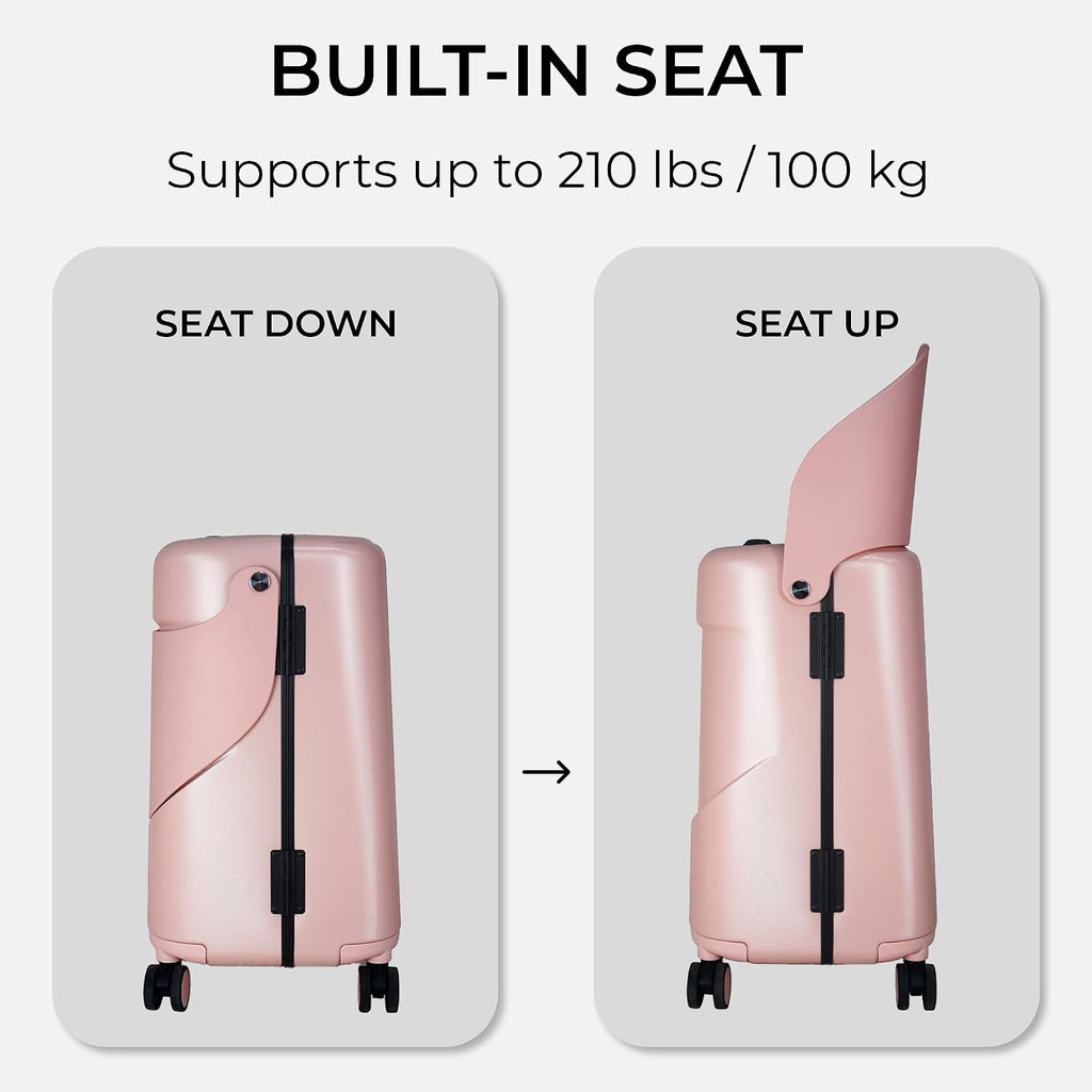 MiaMily 4-Wheel Carry-On Luggage with Seat – Ride-On Suitcase for Easy Family Travel, Seat Belt, 43L Hard Shell, Waterproof Pocket, Adjustable Handle, Dusty Pink