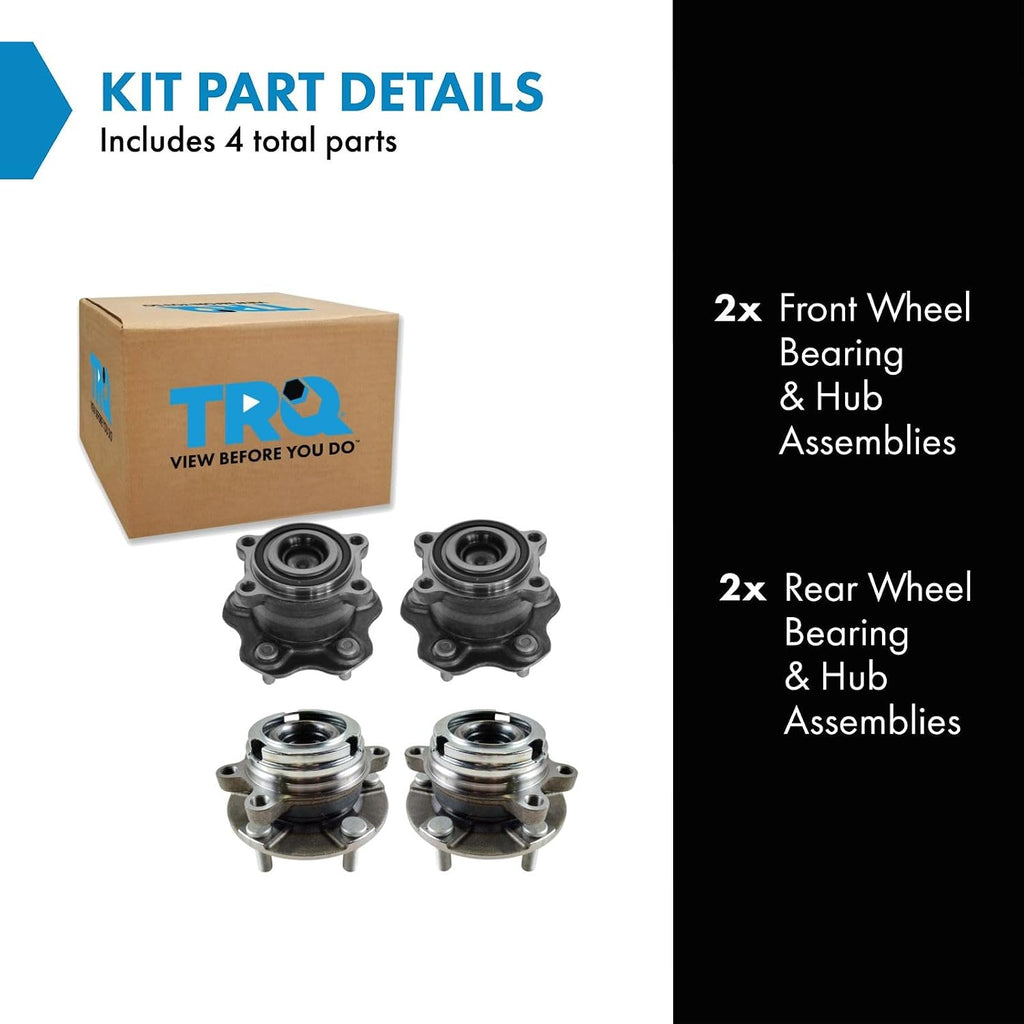 TRQ Front and Rear Wheel Bearing and Hub Assembly Set 4 Piece Compatible with 10-12 Nissan Altima SR 13-18 Altima 09-14 Maxima 16-20 Maxima 2021 Maxima to 9-30-20 Production Date 13-20 Pathfinder FWD