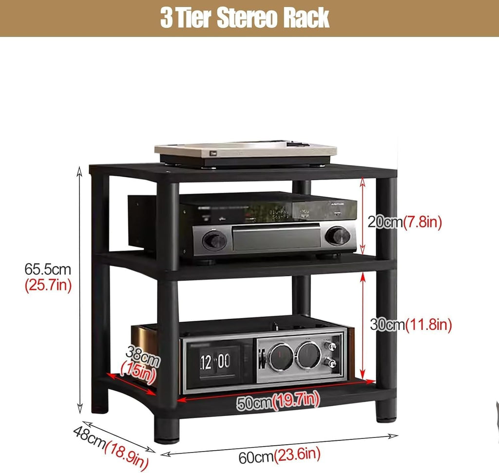 Heavy Duty 4Tier Wooden & Metal Stereo Stand for Small Spaces Living Room Bedroom Home Av Component Media Cabinet Audio Equipment Rack for TV Amplifier DVD Player Modern Storage Solution B