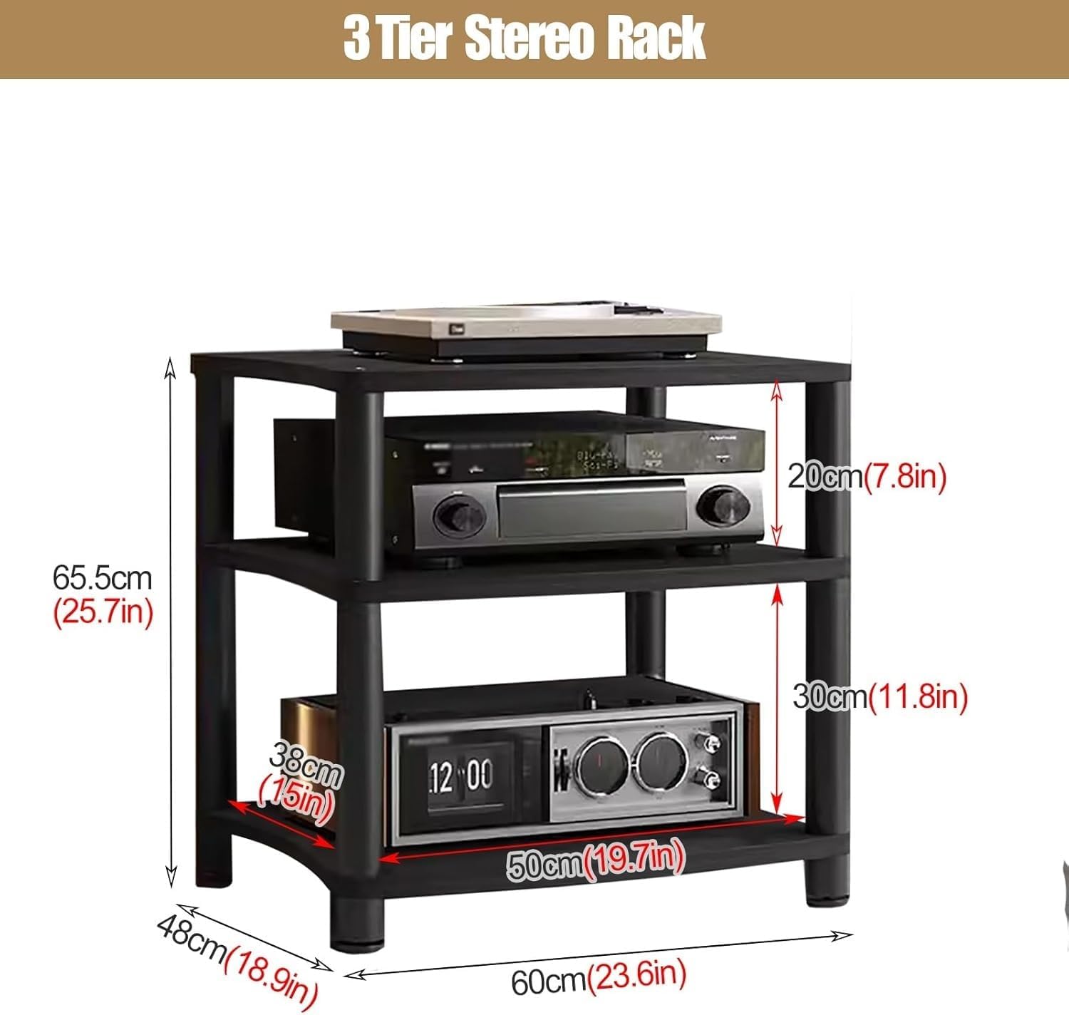 Heavy Duty 4Tier Wooden & Metal Stereo Stand for Small Spaces Living Room Bedroom Home Av Component Media Cabinet Audio Equipment Rack for TV Amplifier DVD Player Modern Storage Solution B