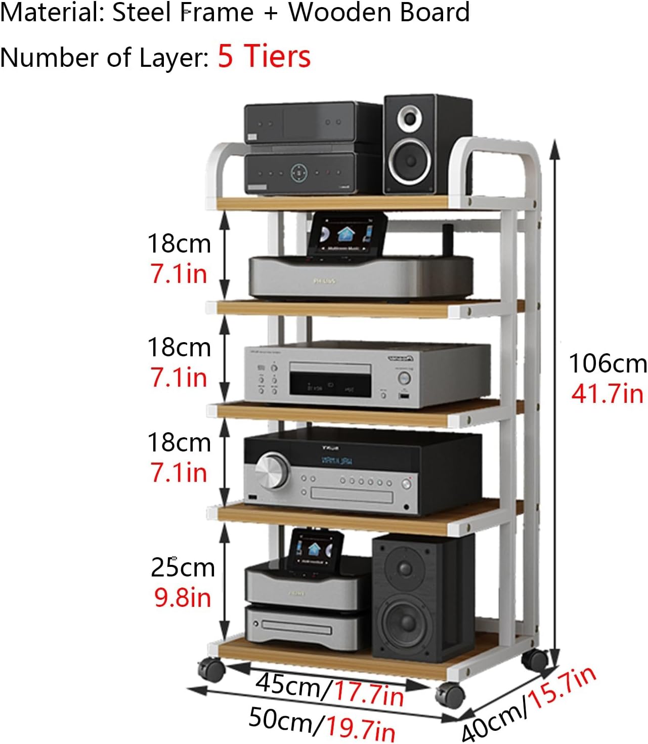 Black Record Player Shelf Movable, Media Stand DVD Audio Rack Floorstanding 3 4 5 Tier Component Storage Holder, Living Room Game Equipment Cabinet(Color:5 Tier 50x40x106cm)