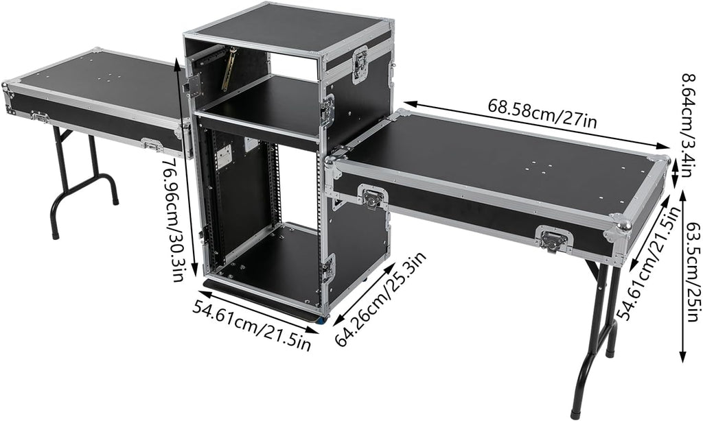 14U Mobile PA DJ Rack/Road Case, Network & Stereo Rack with DJ Mixer Tops, Heavy-Duty 2-Tier Studio Equipment Cabinet with 4 Wheels, Amplifier Mixer Storage Stand for Live Sound, KTV, Home Theater