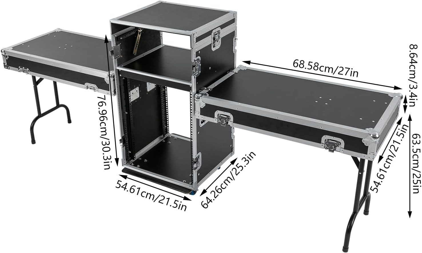 14U Mobile PA DJ Rack/Road Case, Network & Stereo Rack with DJ Mixer Tops, Heavy-Duty 2-Tier Studio Equipment Cabinet with 4 Wheels, Amplifier Mixer Storage Stand for Live Sound, KTV, Home Theater