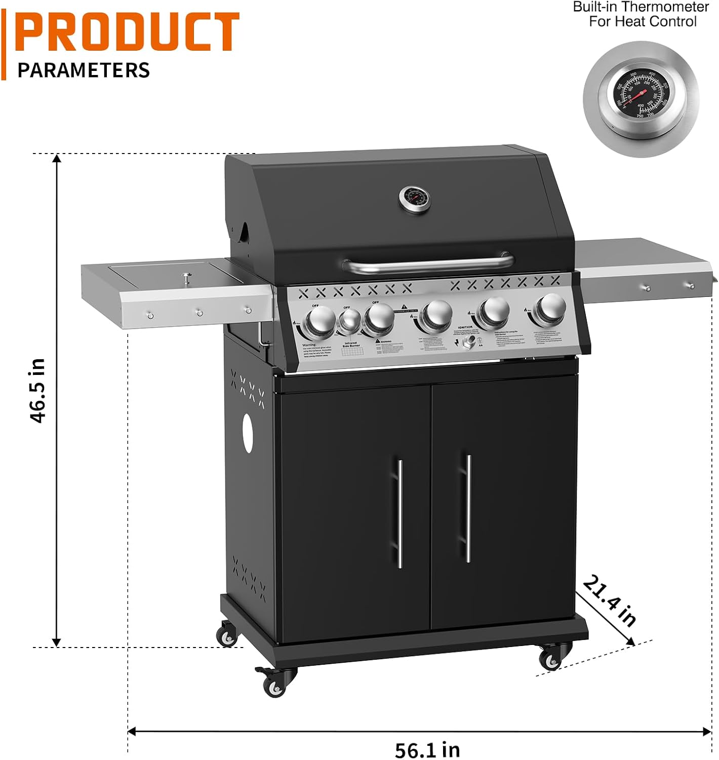SKOK 5 Burner BBQ Grill with Infrared Side and Rear Burners, Gas Grill with Cast Iron Grates, Outdoor Barbecue Grill 72,000 BTU Output