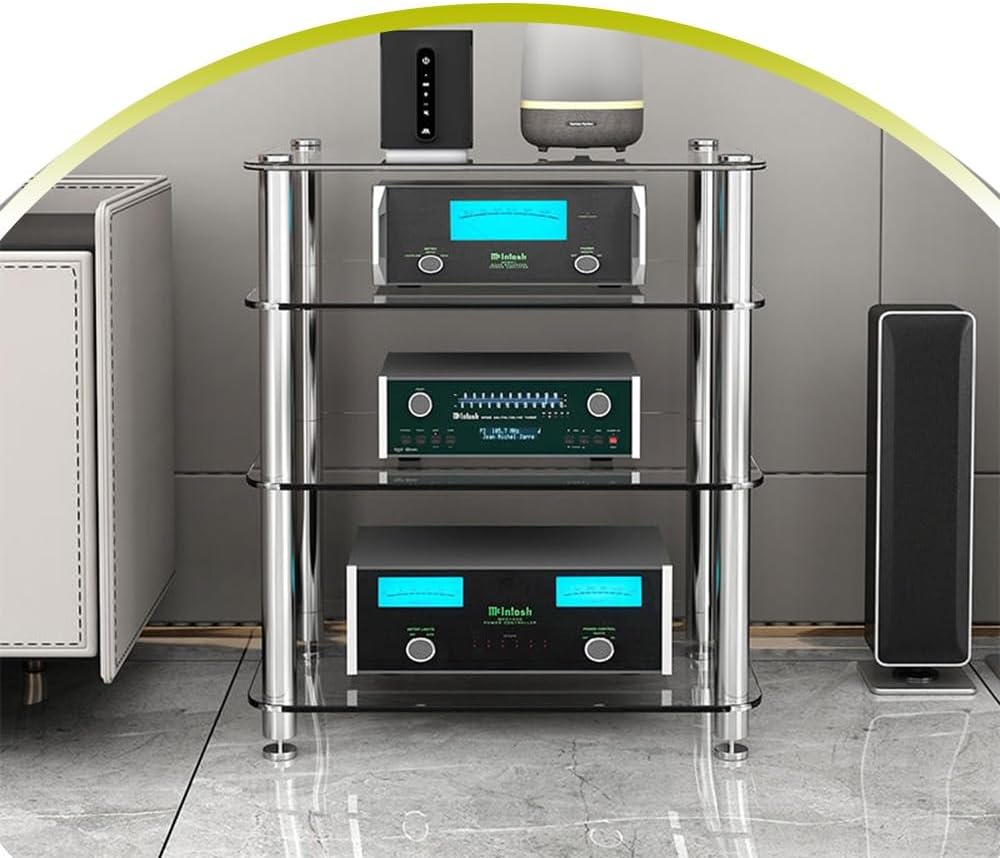 4 Tier HiFi Rack Tempered Glass Media Stand AV Component Cabinet Stereo Rack with Open Storage Shelves Stylish Home Entertainment Center (72cm 28.3in)