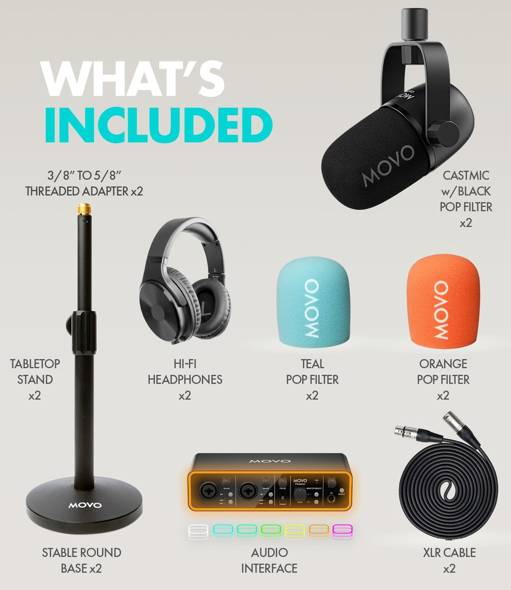 Movo Podcasting Equipment Bundle - Phantom USB Audio Interface, 2 CastMic XLR Dynamic Microphones, 2 Desk Stands and Headphones - Complete Studio Setup for Professional Podcasting and Streaming