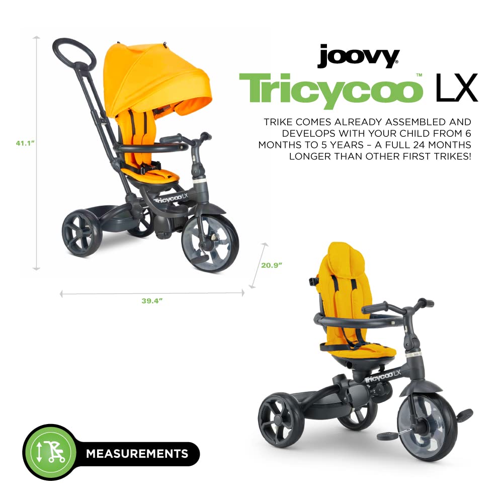 Joovy Tricycoo LX Premium Kids Tricycle with 8 Stages Featuring Chunky Front Tire, Removable and Adjustable Parent Handle, Safety Harness, Machine-Washable Seat Pad, and Retractable Canopy, Zinnia