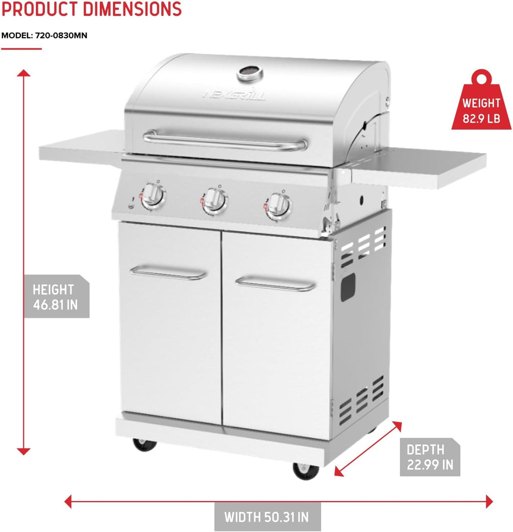 Nexgrill Stainless Steel 3-Burner Propane Gas Grill w/Foldable Side Shelves, 40,500BTUS, 591.05 sq. in. Cooking Area, Perfect for Outdoor Cooking & Grilling, BBQs, Backyard, Tailgating, 720-0830MN