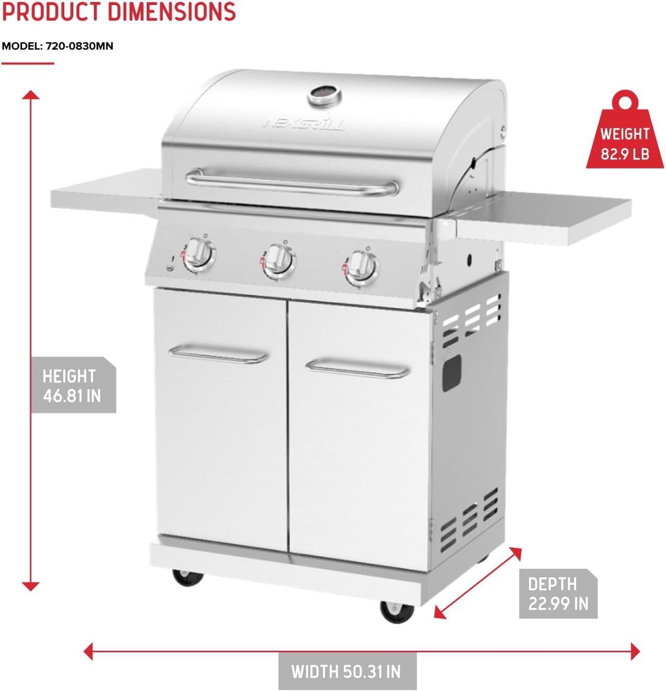 Nexgrill Stainless Steel 3-Burner Propane Gas Grill w/Foldable Side Shelves, 40,500BTUS, 591.05 sq. in. Cooking Area, Perfect for Outdoor Cooking & Grilling, BBQs, Backyard, Tailgating, 720-0830MN