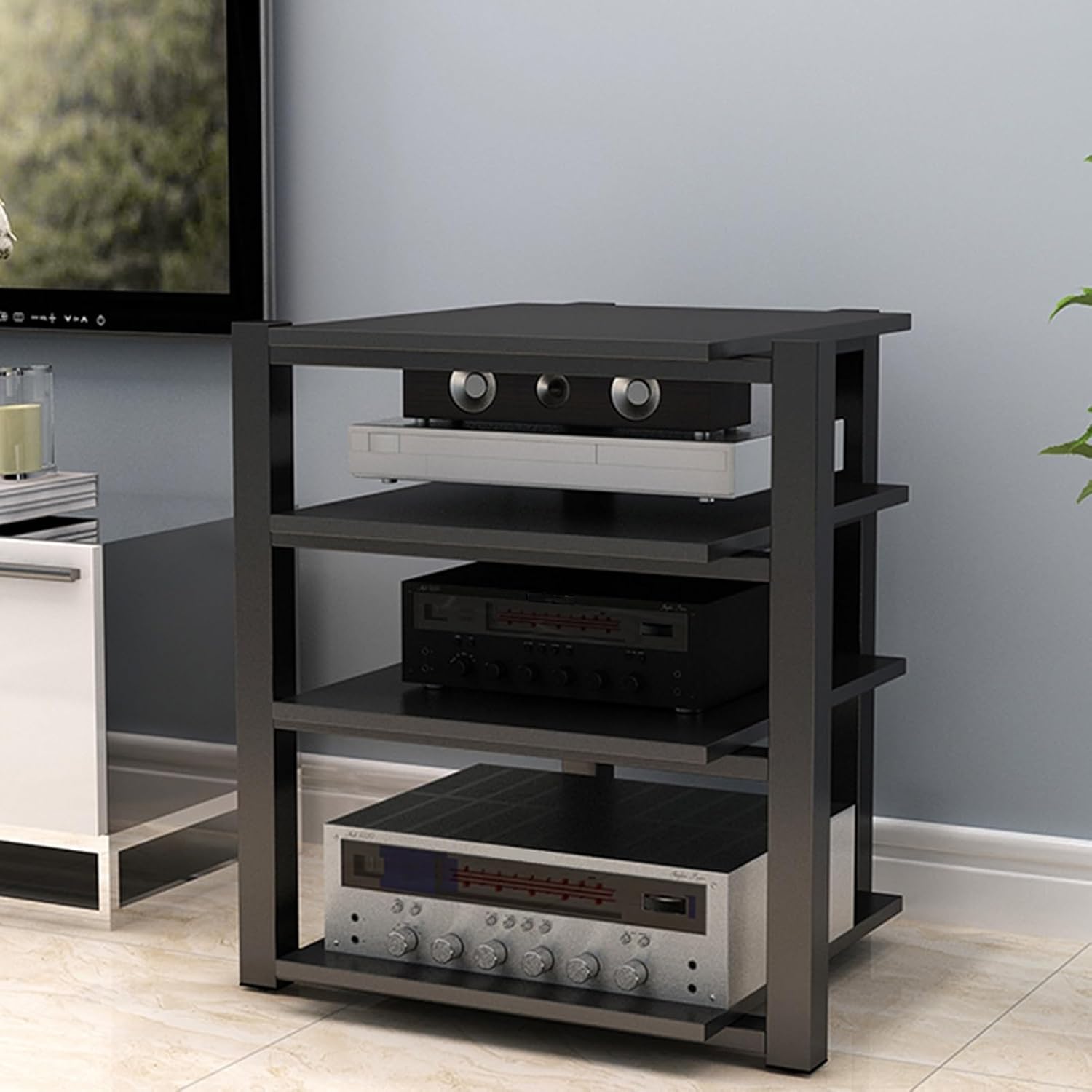 AV Cabinet Audio Rack - 90cm/35.4in Stereo Media Stand for Record Players, Audio Component Tower, Home Theater & Office Storage (Black)