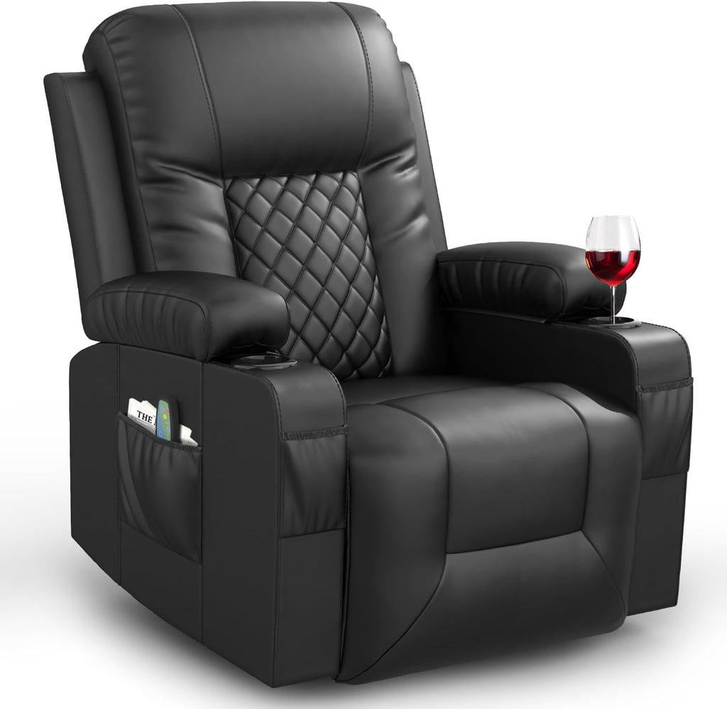 Recliner Chair, Swivel Rocker Recliner with Massage & Heat, Reclining Chair with Cup Holder & Pocket, 360° Swivel Home Theater Seating Lounge Recliner