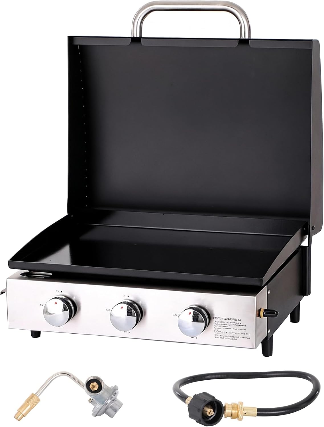 Sophia & William 22' Flat Top Grill with Lid & Ceramic Coated Cast Iron Pan, 3-Burner Portable Tabletop Gas Propane Griddle for Outdoor, BBQ, Camping & Tailgating Barbecue, 24,000 BTU