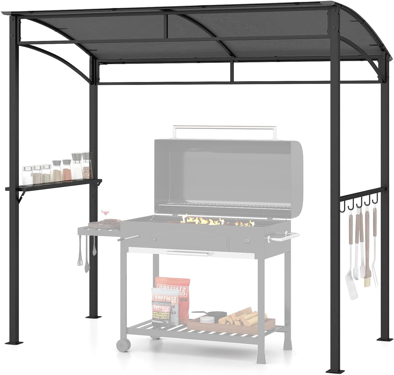 Tangkula 7ft Grill Gazebo, Patio Barbecue Canopy with Serving Shelf and Storage Hooks, Curved Grill Shelter w/Heavy-Duty Steel Frame Sunshade Awning for Outdoor Garden (Gray)