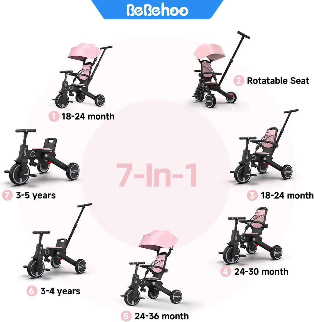 Tricycle Stroller for Toddler,Foldable Baby Tricycle,Kids Balance Bike with Push Handle,Toddlers Stroller Bike with 1 to 5 Years,7-in-1 Push Tricycle Bike for Kids (Pink)
