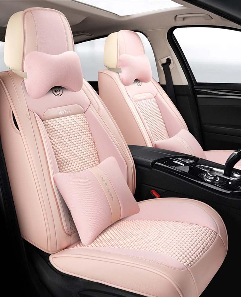 Baby Pink Seat Covers Full Set - Leather and Ice Silk Breathable Front and Rear Seat Covers for Women Men, Luxury Car Cushions