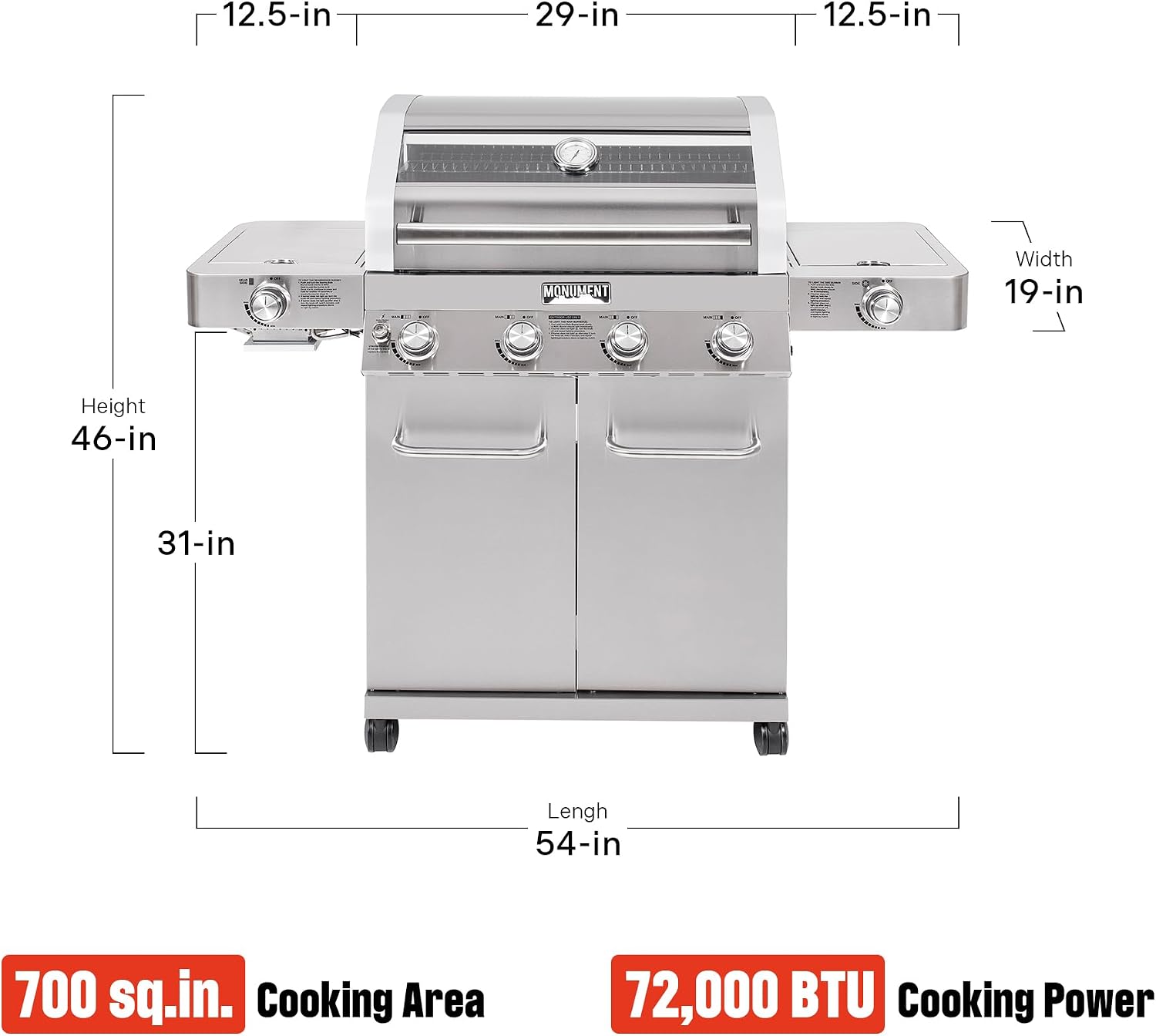 Monument Grills Larger 4-Burner Propane Gas Grills Stainless Steel Cabinet Style with Infrared Side Sear & Side Burners Knob Controls Built-In Thermometer with Stainless Steel Rotisserie Kit(2 Items)
