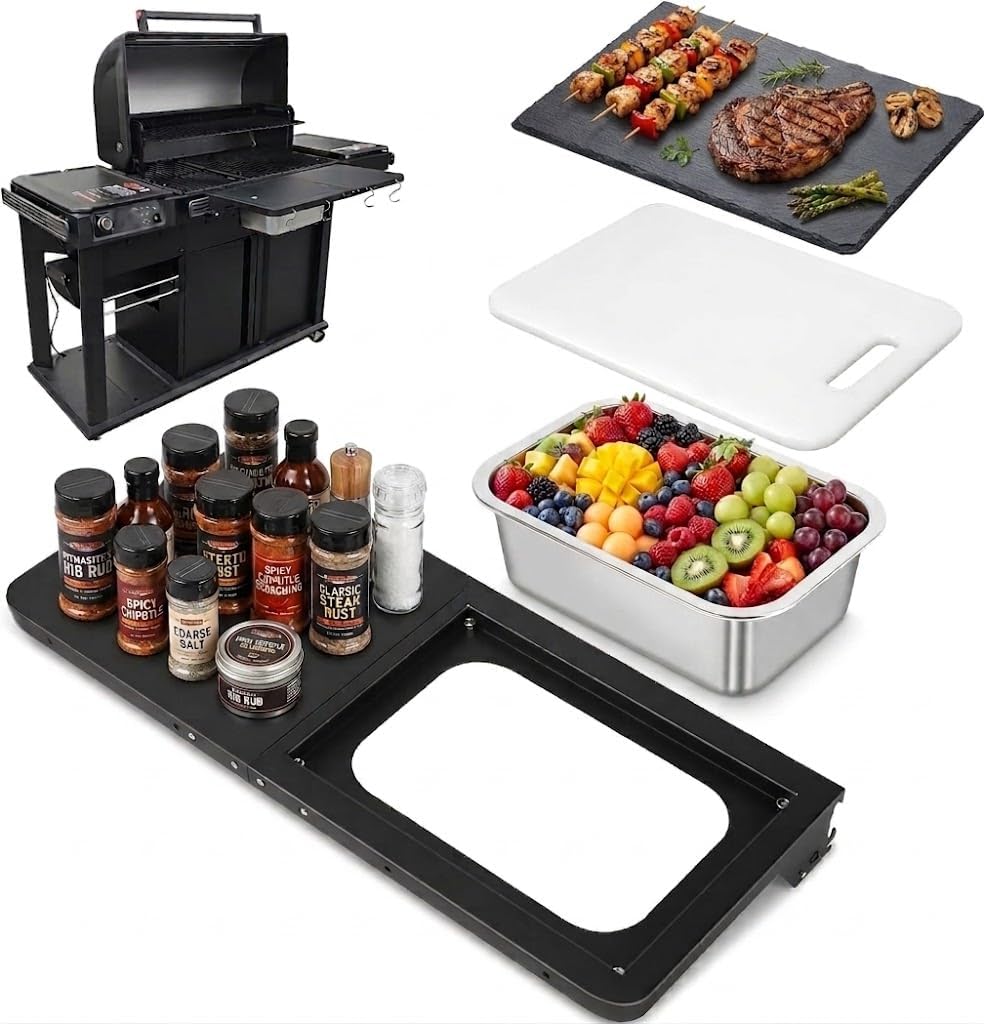 QuliMetal Foldable Front Shelf for Traeger WOODRIDGE PRO, 27.93' Grill Prep Table with Cutting Board, Stainless Steel Basin and Lid, BBQ Front Shelf Accessory