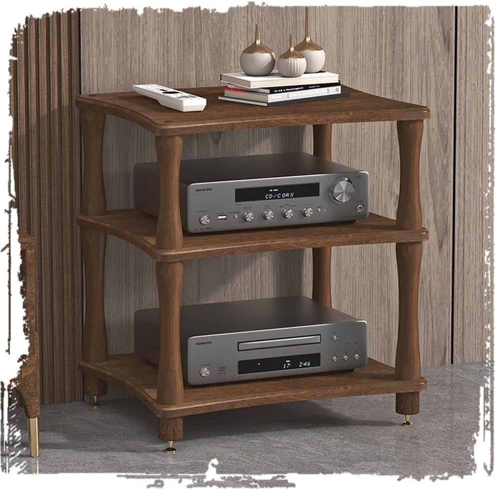 Solid Wood AV Media Cabinet Audio Component Rack 1 2 3 4 Tier Stereo Cabinet for HiFi Audio Equipment, Open Amplifier Stand(Black Walnut,3Tier-60x48x64cm)