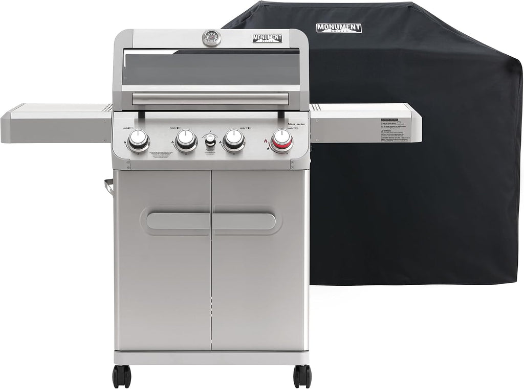 Monument Grills 4 Burner Propane Gas Grill, Stainless Steel Outdoor Patio Barbecue Grill with Cover, with Broil Zone Fast Heating, Knob Control, and Easy Cleanup, M410MBZ