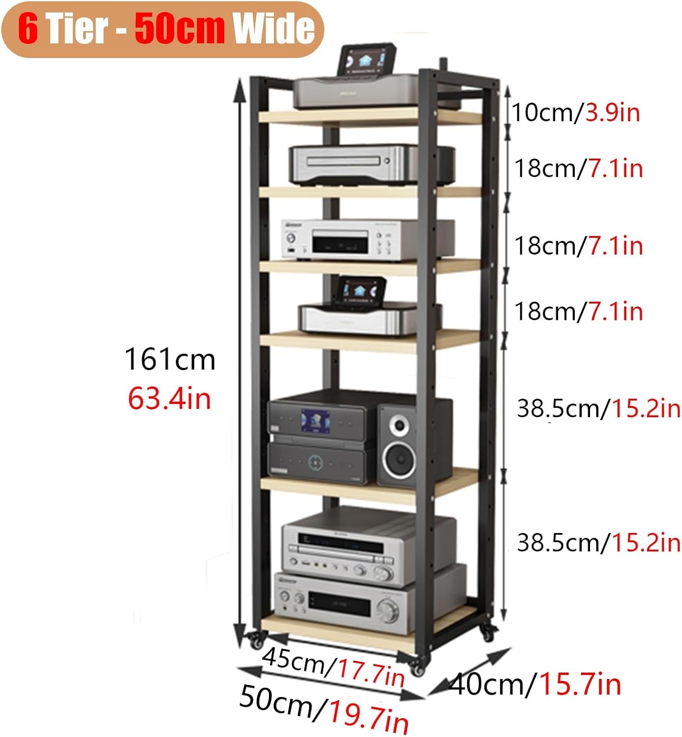 Stereo Rack Cabinet 63 Inch High, 5 6 7 8 Tier Record Player Stand for Turntable Av Media Receiver Equipment Storage, Adjustable Shelving Audio Tower Shelf(Color:6 Tier,Size:50cm Wide)
