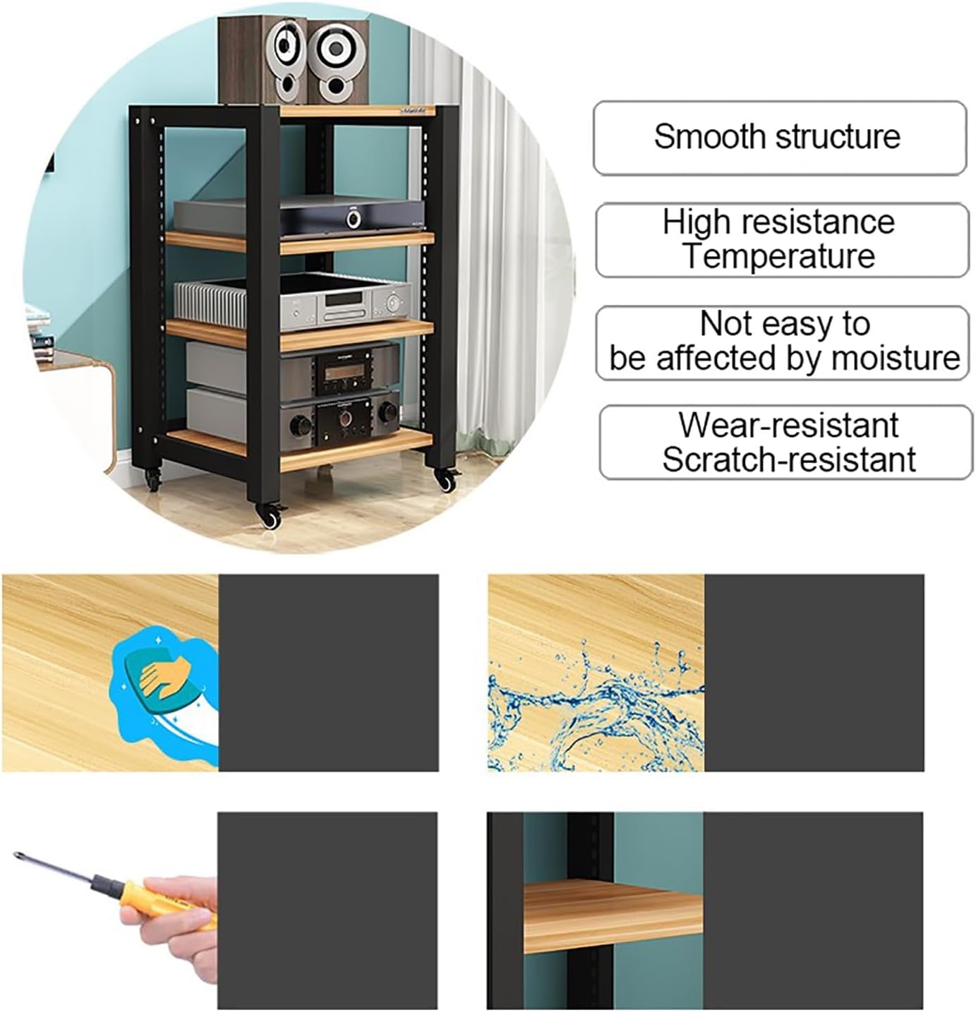 Gaming Shelf for Record Player & Audio Rack - CD/DVD Display Cabinet, Corner Stand with Wooden Shelves for Projector, PS5, Game Console & Cable Box (Yellow, 60x50x40cm)