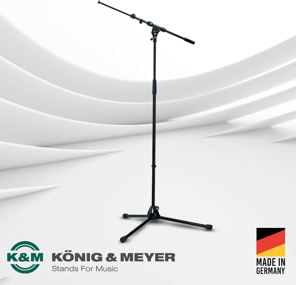 K&M König & Meyer 21090.500.55 Tripod Microphone Stand - Adjustable Telescoping 2-Piece Boom Arm - Professional Grade - Heavy Duty with Folding Leg Base - German Made Black