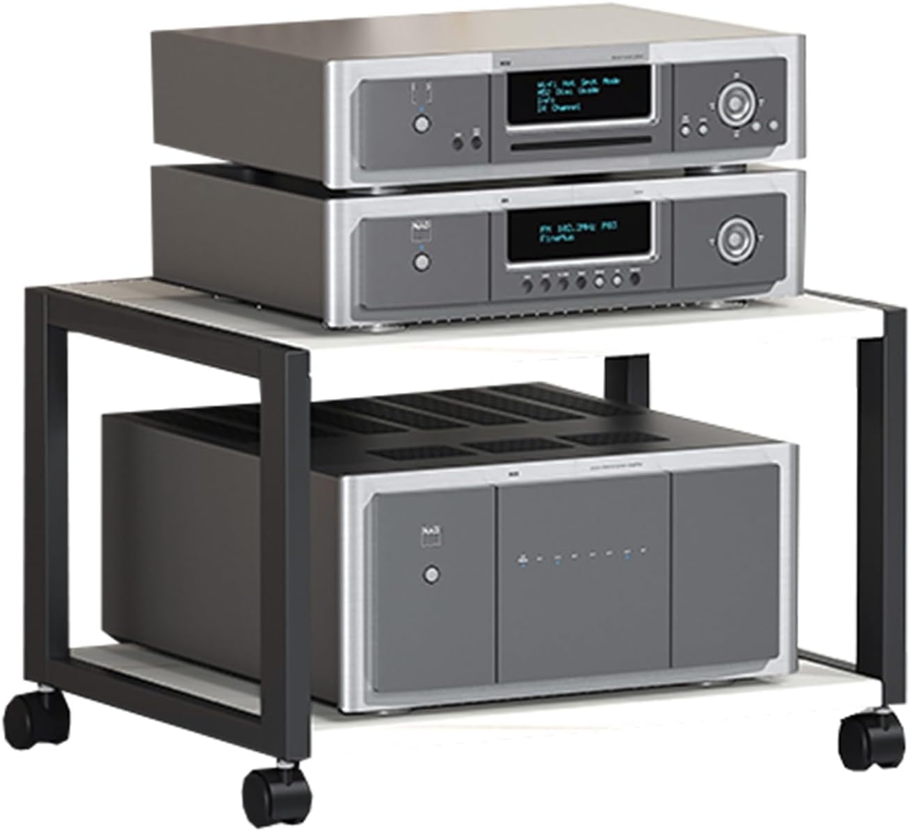 Rolling Audio Component Rack Tower Media Stereo Stand Equipment Shelves, Modern Stereo Cabinet Black White, Hi-fi Separates On Wheels for Home Record Player/DVD(White,2-Layer)
