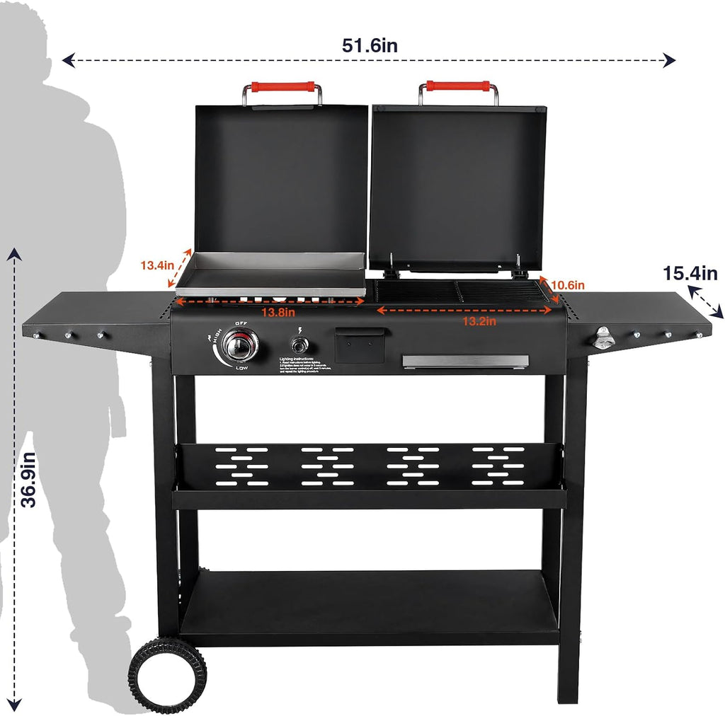 Propane and Charcoal Grill Combo, Gas Griddle Grill Combo Two Fuel BBQ Grills with Long Silicone Non-Slip Grill Gloves, Dual Fuel Lids and Side Shelves