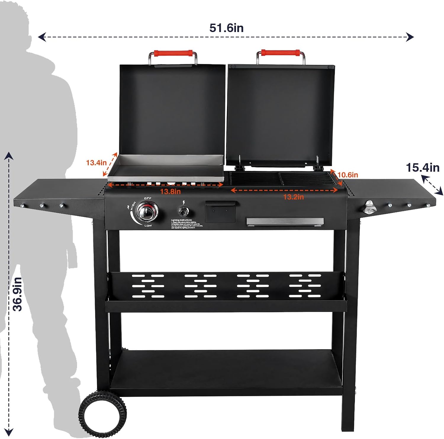 Propane and Charcoal Grill Combo, Gas Griddle Grill Combo Two Fuel BBQ Grills with Long Silicone Non-Slip Grill Gloves, Dual Fuel Lids and Side Shelves
