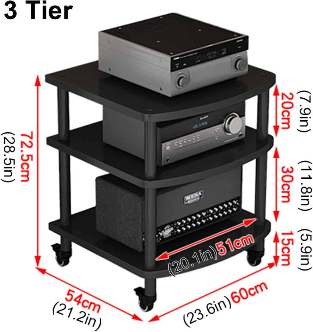 2/3/4/5-Tier Movable AV Media Stand with Wheels, Audio Rack Tower, TV Game Console Equipment Shelf, CD Record Player Stereo Component Cabinet for Home/Office/Theater(Walnut,3 Tier)
