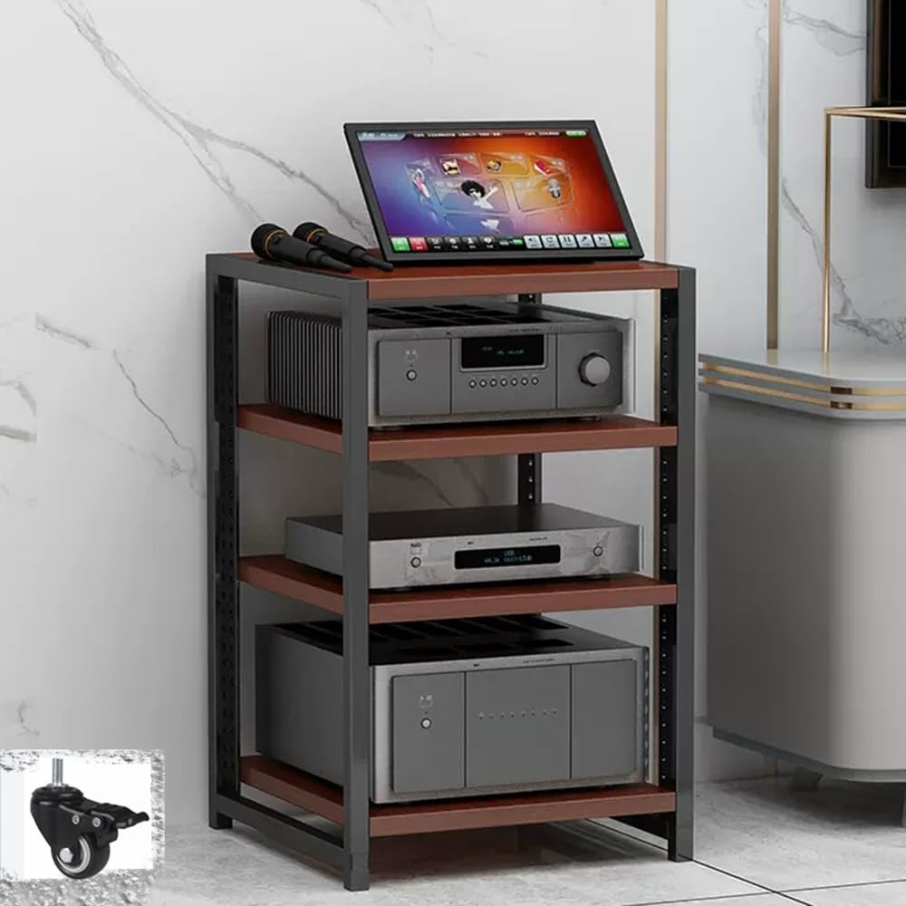 NILZA AV Media Stand with Wheel Audio Rack Video Game Console Shelf 3/4/5/6-Tier Stereo Rack Audio Tower Adjustable Shelves Corner Shelf Av Stand for Recording Room(Teak,4-Tier)