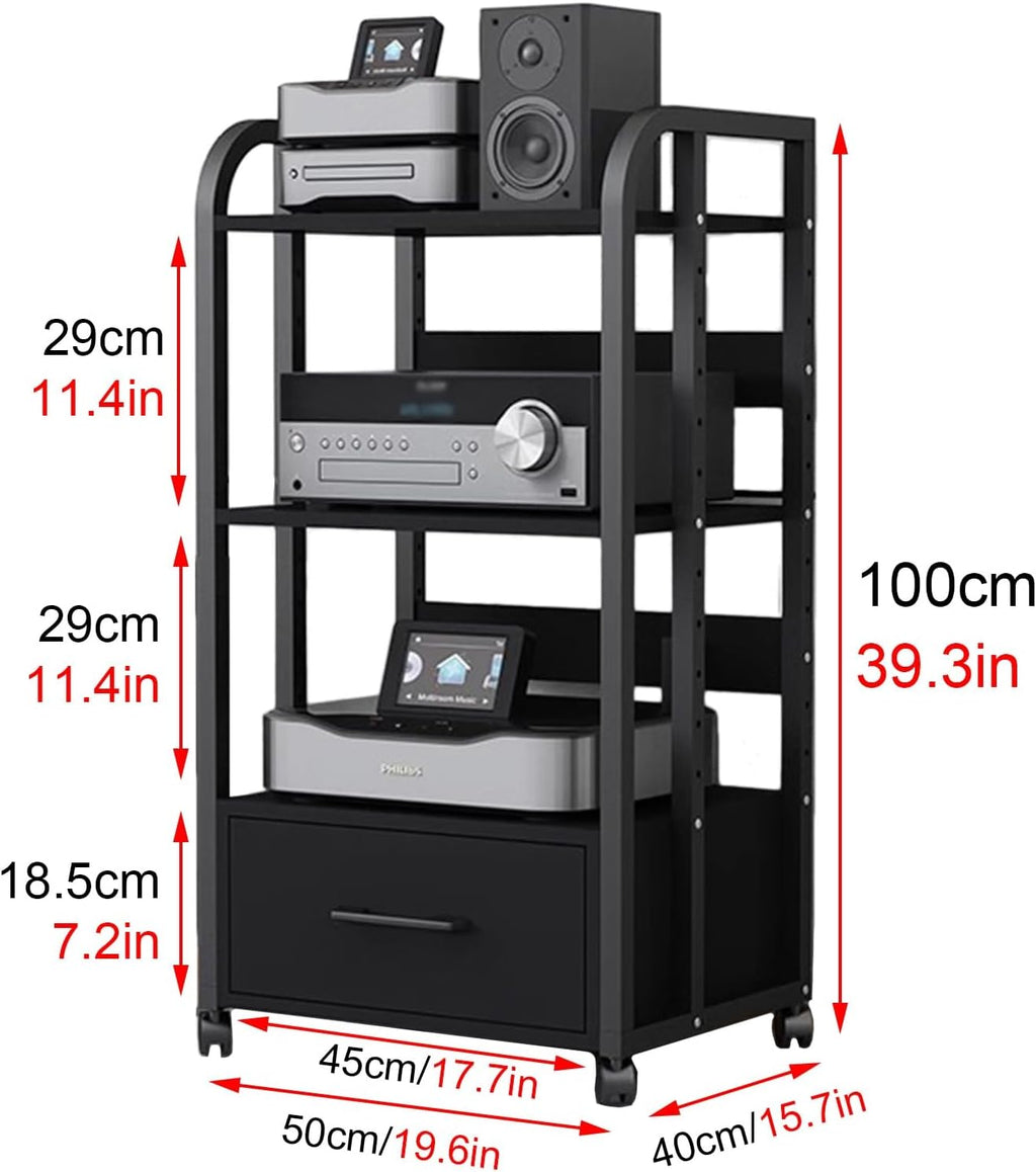 WDJBPSH Mobile Audio Media Rack on Wheels, Portable Video Entertainment Equipment Storage Holder with Height-Adjustable Shelf, Office Bedroom Living Room Organizer(Size:3 Tier/H 100cm- with Drawer)