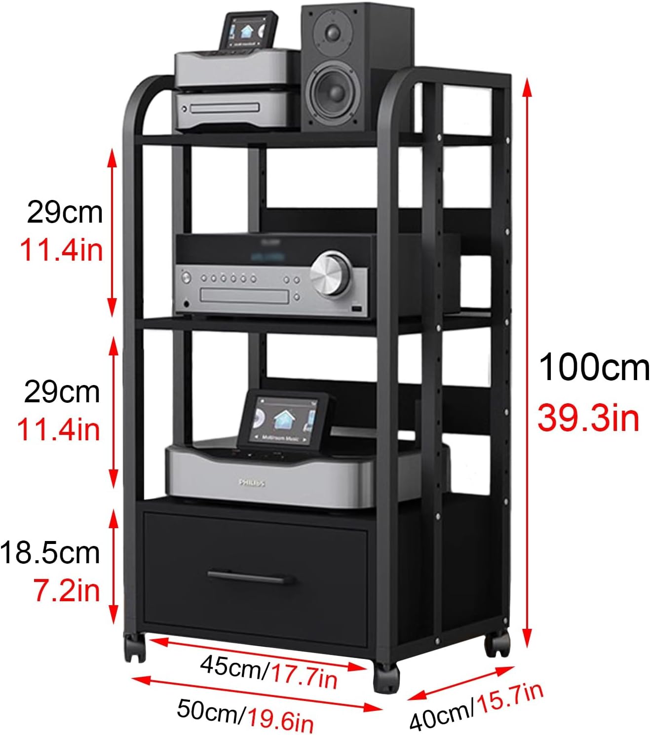WDJBPSH Mobile Audio Media Rack on Wheels, Portable Video Entertainment Equipment Storage Holder with Height-Adjustable Shelf, Office Bedroom Living Room Organizer(Size:3 Tier/H 100cm- with Drawer)